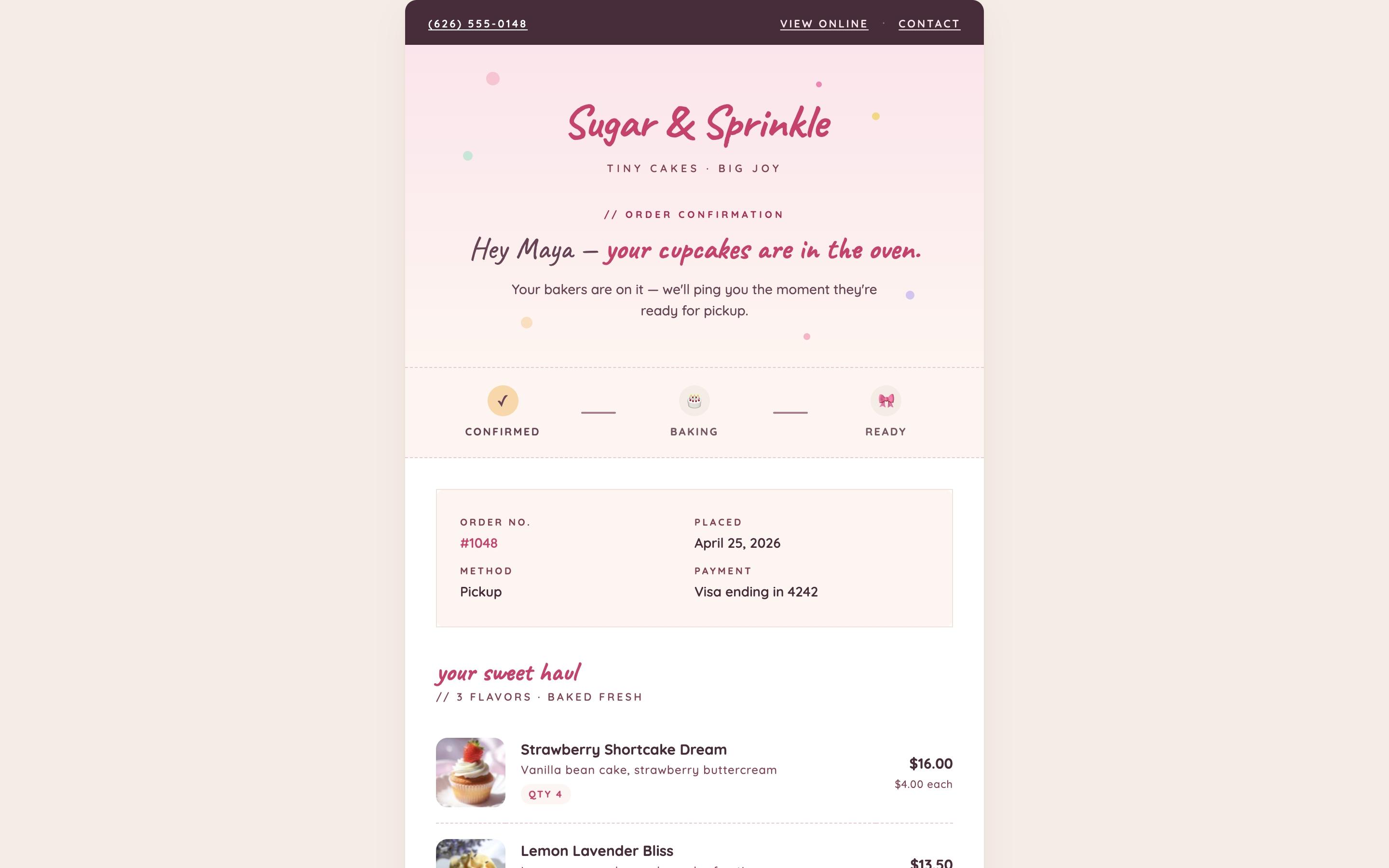 Screenshot of Sugar & Sprinkle — Order Receipt Email